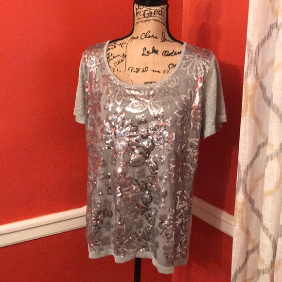 JOSEP A “L “SPARKLING GREY SEQUIN BLOUSE /SWEATER - Picture 2 of 6